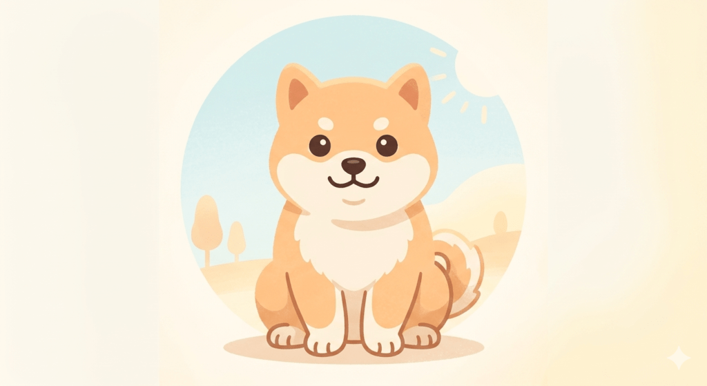 柔らかいパステルカラーで描かれた、座っている子柴犬のフラットデザインのイラスト。