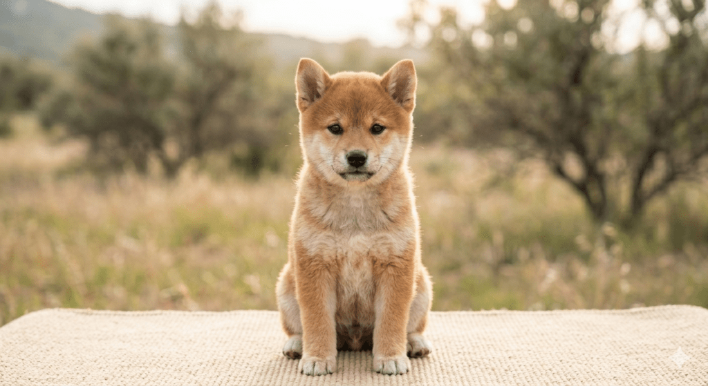 正面を向いて座っているリアル風柴犬の子犬。背景はぼかされた屋外の風景。