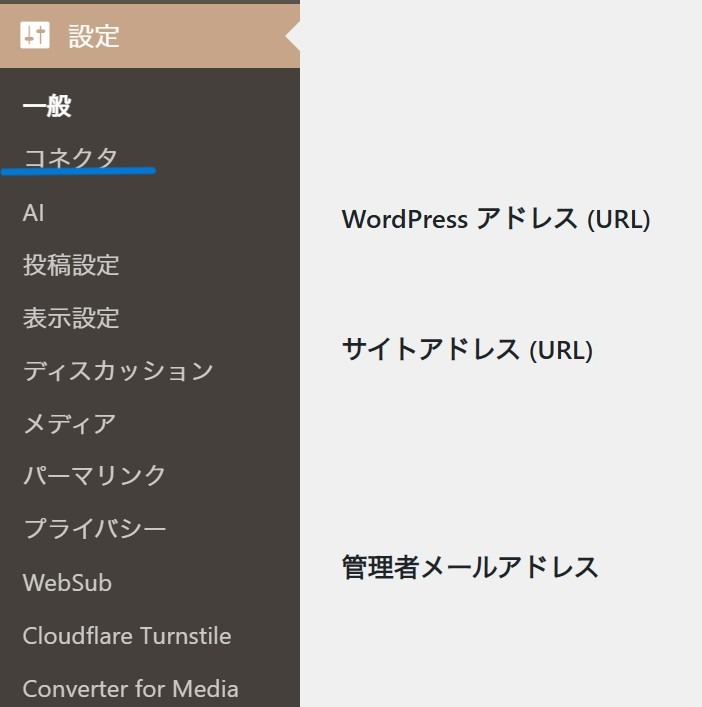 WordPress管理画面の「設定」メニュー内にある「コネクタ」の項目。