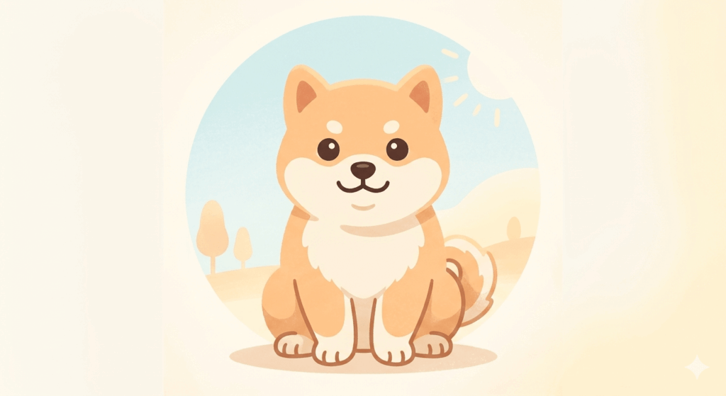 柔らかいパステルカラーで描かれた、座っている子柴犬のフラットデザインのイラスト。