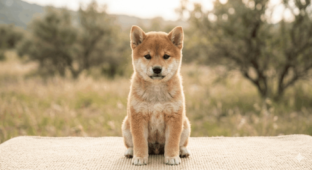 正面を向いて座っているリアル風柴犬の子犬。背景はぼかされた屋外の風景。